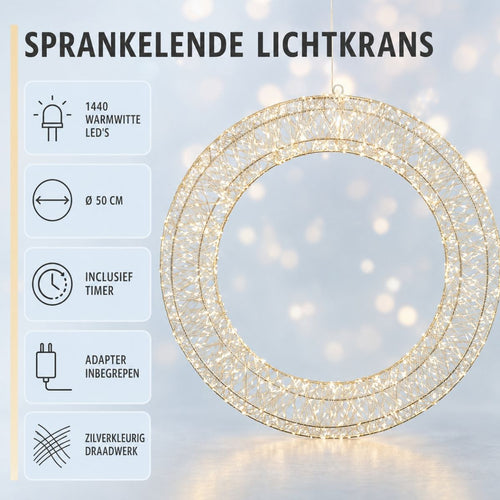 Luca Lighting Krans Zilver Warm Wit 1440 LED - Kerstversiering Ø50 cm voor Muur, Deur of Raam - Kerstkrans met Verlichting en Timer - Deurkrans voor