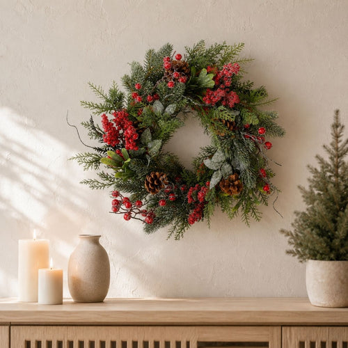 Mica Decorations Randell Christmas Wreath - Kerstversiering met Besjes en Dennenappels - Kerstkrans met Besneeuwd Effect - Deurkrans voor Binnen -