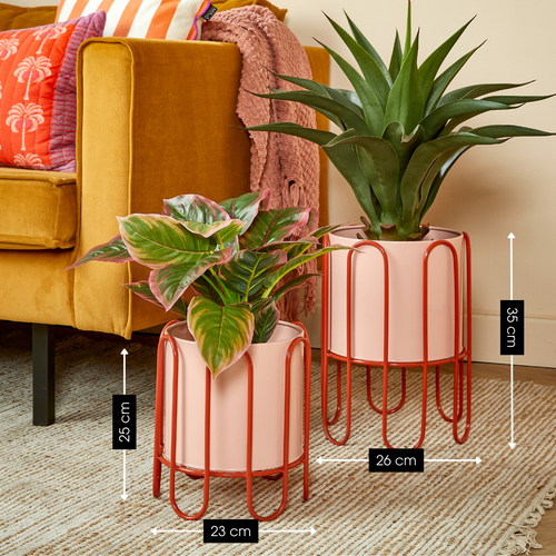 Mica Decorations Dione Bloempot op Standaard – Set van 2 – Plantenpot voor Bloemen en Kamerplanten – Bloempotten voor Binnen – IJzer – Roze