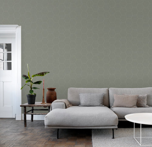 ESTAhome behang hexagon vergrijsd olijfgroen - 53 cm x 10.05 m - 148751 - vtwonen shop