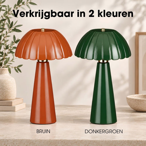 Mica Decorations Naomi Tafellamp - Ronde Tafellamp Donkergroen Keramiek met Geplooide Lampenkap - Geschikt voor E27 Lichtbron tot 60W - Afmeting H40,5