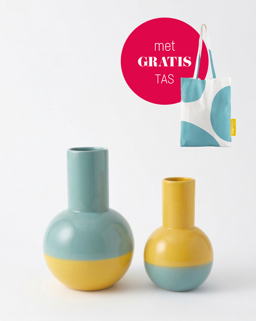 vtwonen - Vaas - Bloemenvaas - Keramiek - Lichtblauw/Geel - Set van 2
