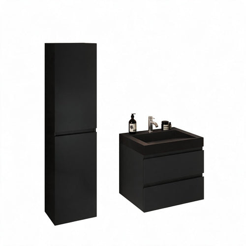 LOMAZOO badmeubelset Azuro - met kolomkast & zwarte wastafel - mat zwart - 60 cm