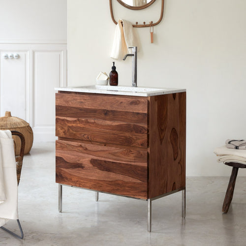 Tikamoon Badkamermeubel van massief palissander en moon premium terrazzo 80 - Wit - vtwonen shop