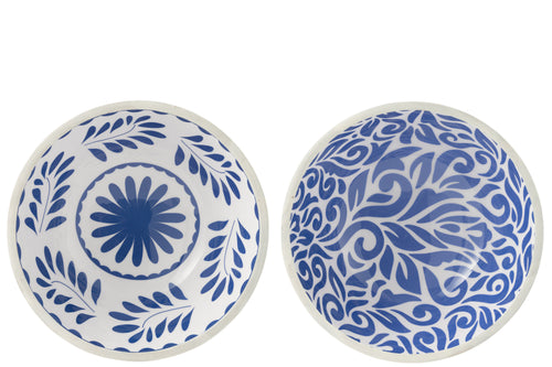 J-Line kom Bloemen - hout - blauw/wit - large - 2 stuks - vtwonen shop