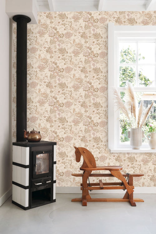 ESTAhome behang vintage bloemen beige en oudroze - 53 cm x 10.05 m - 139763
