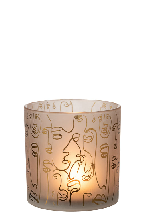 J-Line windlicht Happy Faces - glas - beige - large - vtwonen shop