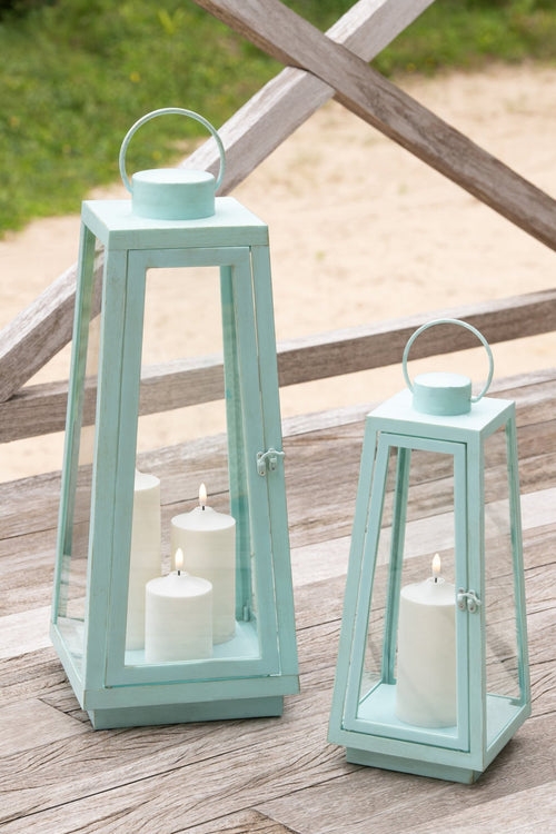 J-Line lantaarn + kaars - glas - turkoois - medium - LED lichtjes