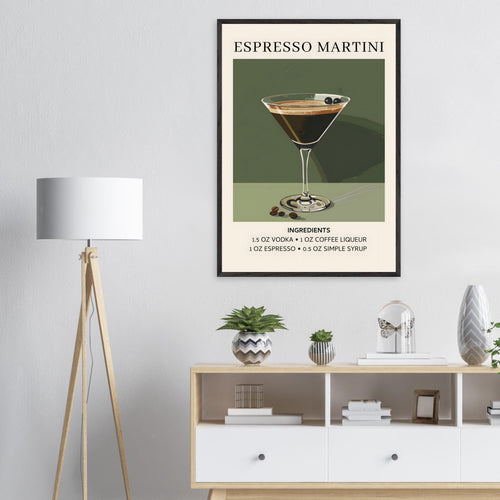 Artfulprints Poster met Lijst Espresso Martini cocktail - Ingrediënten   - 70x100 cm - Donkergroen