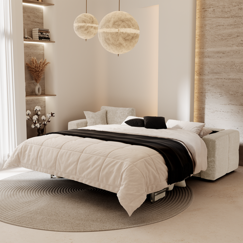 Premium Interiors - Linkshoekbank met snelle uitklapfunctie VIBE - gewaafd fluweel crème 286cm