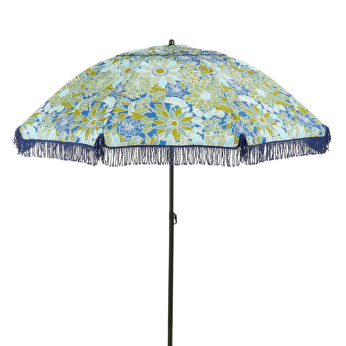Mica Decorations Parasol Bloem - Stokparasol 238 x d220 cm - Strandparasol of Tuinparasol voor Schaduw - Bloemen Design - Blauw Groen