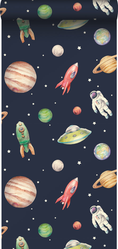 Sanders & Sanders behang planeten in de ruimte donkerblauw, groen en rood - 53 cm x 10.05 m - 935347