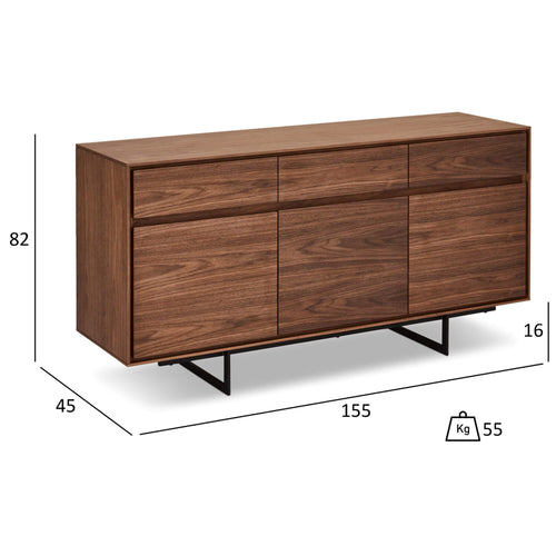 Furnhouse 3-deurs dressoir Tokyo - Amerikaanse walnoot - MDF, Amerikaans walnootfineer - 45x155x82