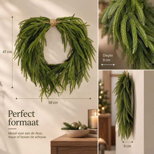 Mica Decorations Krans Dennenappel Groen - Decoratieve Krans met Sierlijke Dennentakken - Kunststof Krans voor Deur, Muur of Schouw - Afmeting