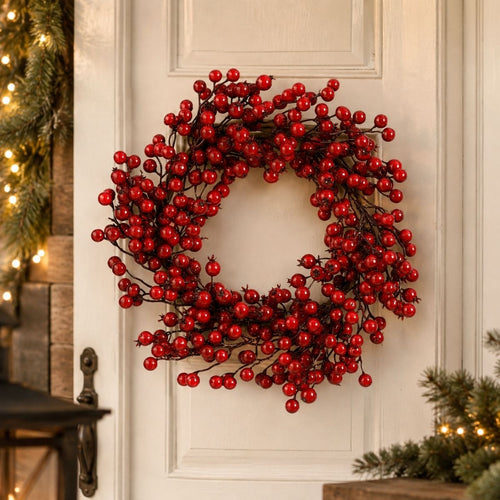 Mica Decorations Kerstkrans met Rode Besjes - Kerstversiering voor Kerst - Deurkrans voor Binnen - Feestelijke Kerstdecoratie van Foam - Diameter 40 x