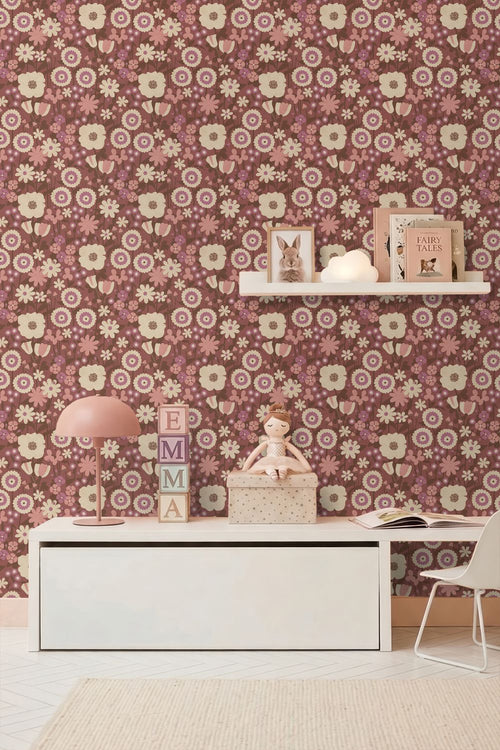ESTAhome behang retro bloemen aubergine paars en roze - 50 x 900 cm - 132162
