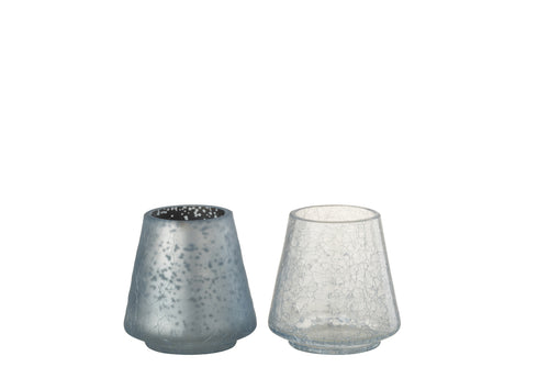 J-Line windlicht Conisch Craquelé - mat/blinkend blauw - small - 2 stuks