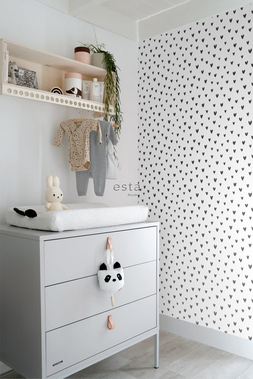 ESTAhome behang hartjes zwart wit - 50 x 900 cm - 139361