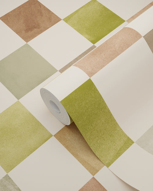 ESTAhome behang geblokt motief groen en bruin - 50 x 900 cm - 132176