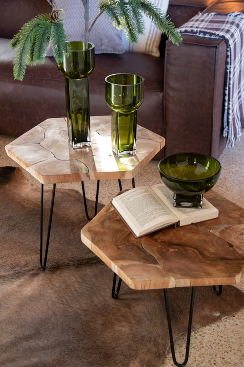 J-Line bijzettafel Hexagon - hout/metaal - naturel - set van 2