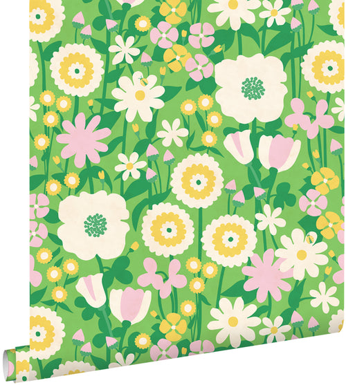 ESTAhome behang retro bloemen groen en geel - 50 x 900 cm - 132157