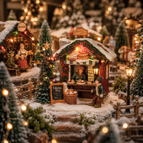 Luville Kerstdorp Miniatuur Kaneelbroodjeskraam - Kerstversiering voor Kerstdorp met Verlichting - Kerst Decoratie Binnen - Werkt op Batterijen - L12