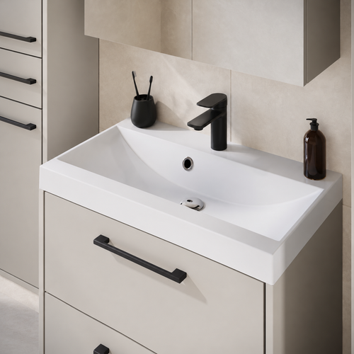 Badplaats Badkamermeubel Set Florence 60 cm XL – Beige – Hangend Badmeubel met Wastafel, Spiegelkast en Zijkasten