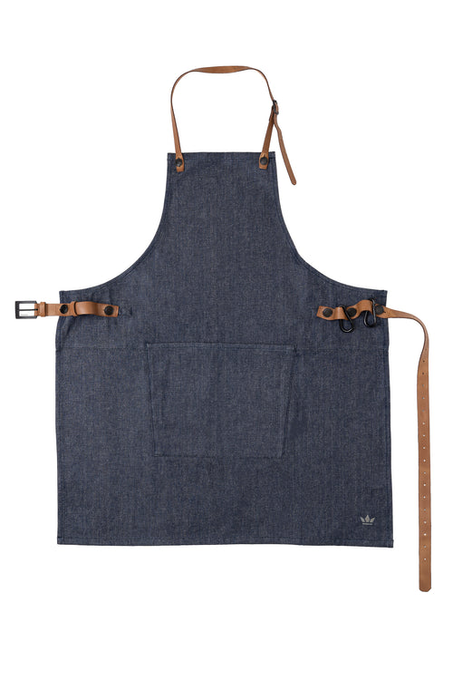 Dutchdeluxes Barbecue schort Washed Indigo - met leer en karabijnhaken - Donker blauw - vtwonen shop