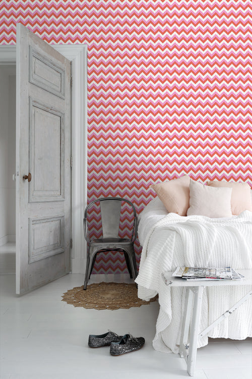 ESTAhome behang zigzag motief koraalrood en roze - 53 cm x 10.05 m - 138135