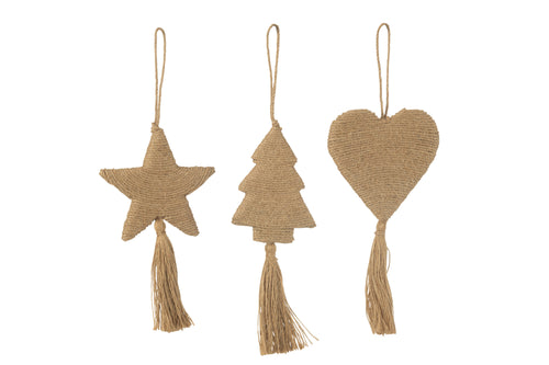 J-Line hanger Ster Hart Boom - jute - naturel - 3 stuks