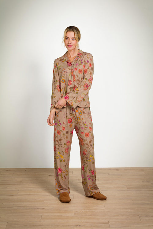 Pip Studio - Faye Pyjama t-shirt - Lange mouw Dames - Coco Flower - Zand - M