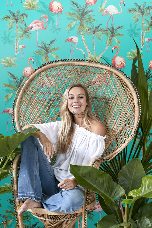 ESTAhome XXL behang flamingos turquoise, groen en roze - 50 x 900 cm - 158609