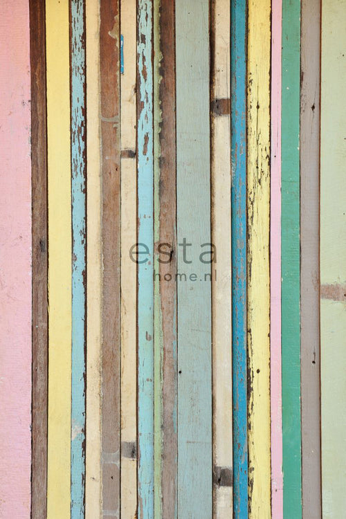 ESTAhome fotobehang sloophout licht roze, geel, blauw en groen - 200 x 279 cm - 157703