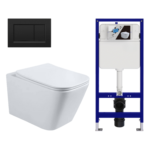 LOMAZOO hangtoiletset Linea - met inbouwreservoir & vierkante drukplaat - vierkant - zwart / wit