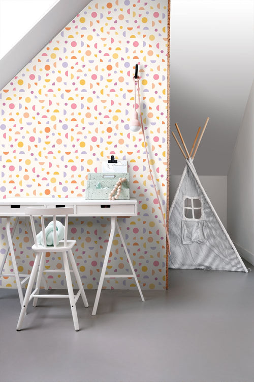 ESTAhome behang grafisch motief wit, paars, roze en geel - 50 x 900 cm - 131986