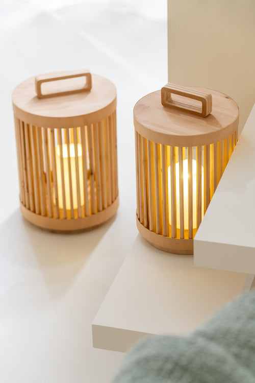 J-Line lamp Cylinder - sparhout - naturel - large - LED lichtjes
