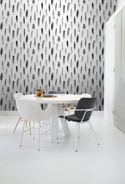 ESTAhome behang veren zwart en mat wit - 53 cm x 10.05 m - 138897