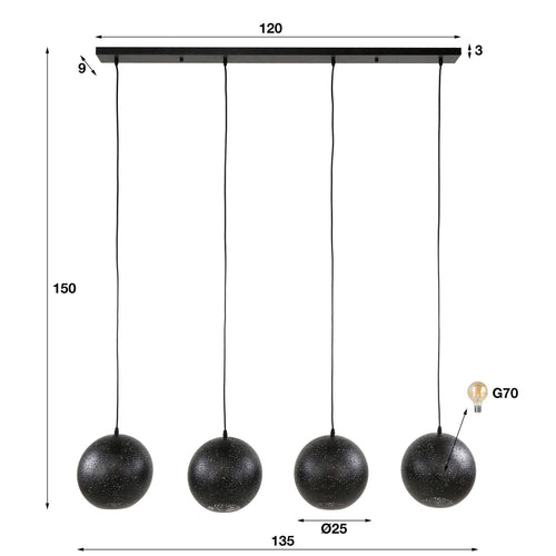 Giga Meubel Hanglamp Zip - Zwart Metaal - 4-Lichts - 130x25x150cm