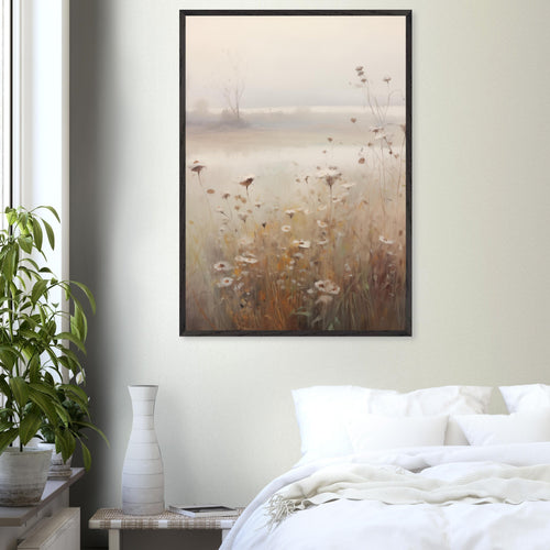 Artfulprints Poster met Lijst Foggy flowerfield 1   - A4 21x29.7 cm - Taupe