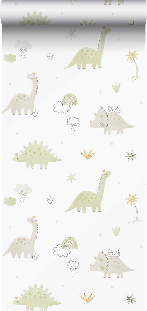 Sanders & Sanders behang dinosaurussen beige, groen en wit - 53 cm x 10.05 m - 640622