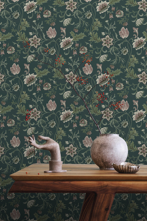 ESTAhome behang vintage bloemen antraciet grijs en groen - 53 cm x 10.05 m - 139415