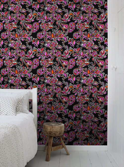 ESTAhome behang funky bloemen en paisleys zwart en rood - 53 cm x 10.05 m - 136842