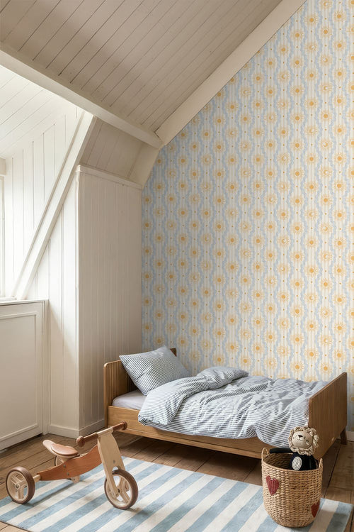 ESTAhome behang retro ornamenten beige, blauw en geel - 50 x 900 cm - 132017