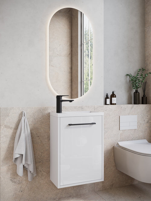 Badplaats Toiletmeubel Florence 40 x 22 cm – Hoogglans Wit – Fonteinmeubel met Witte Wastafel