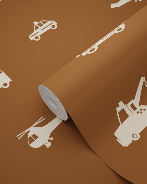 ESTAhome behang auto's, brandweerauto's, helikopters en kranen bruin - 50 x 900 cm - 131453 - vtwonen shop