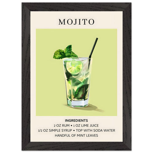 Artfulprints Poster met Lijst Mojito cocktail - Ingrediënten   - A4 21x29.7 cm - Groen