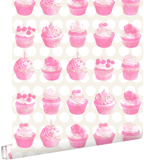 ESTAhome behang cupcakes op glanzende stip roze - 53 cm x 10.05 m - 138723