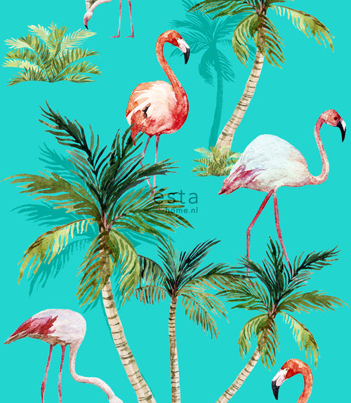 ESTAhome XXL behang flamingos turquoise, groen en roze - 50 x 900 cm - 158609