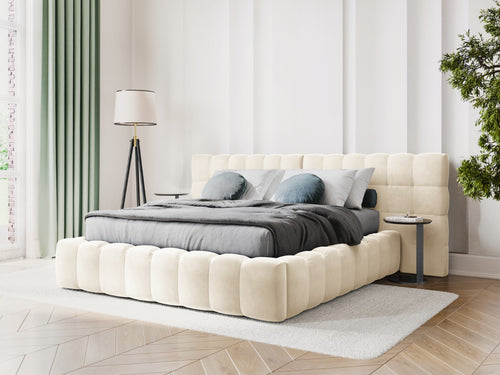 Cosmopolitan Design Opbergbed met dubbel hoofdbord Bali 200x200cm, flueel, lichtbeige - 230x350x100cm