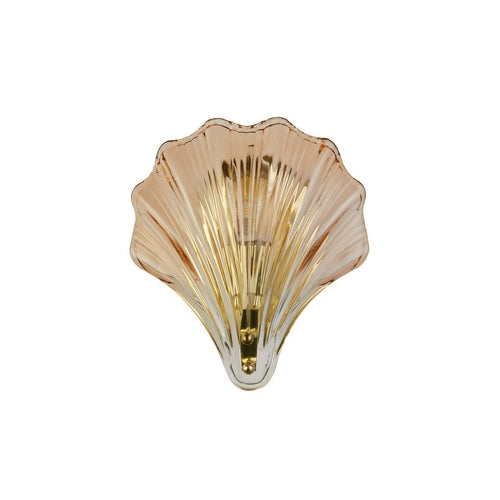 Searchlight Shell 1-lichts wandlamp, satijnen messing metaal en amberkleurig glas IP44